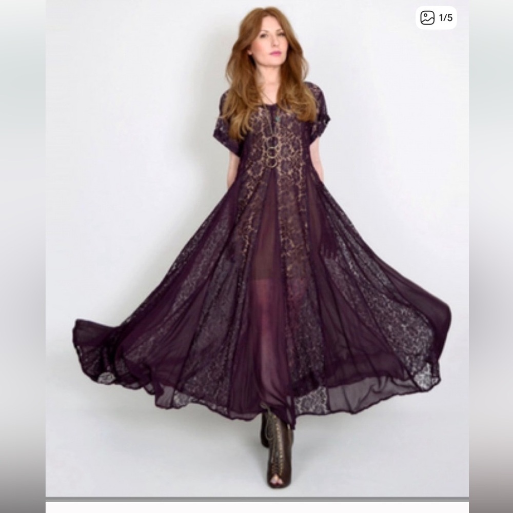 Vintage 90s Plum Sheer Lace Panel Maxi Dress